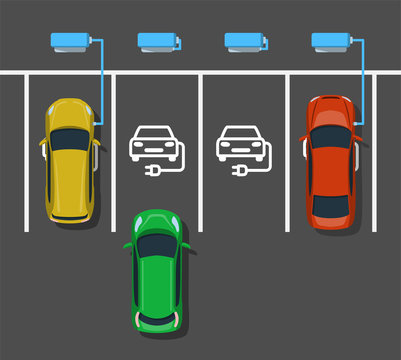 Electric car charging at ev power station. Parking at charging station. Electric vehicle getting energy. Top view. Flat style. Vector illustration.