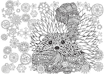 Pattern for coloring book. Prickly hedgehog with Xmas Snowflakes. Hand-drawn elements in vector. A4 size. Black and white.
