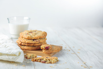 Breakfast with some milk and oatmeal cookies