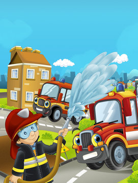 Cartoon stage with different cars for firefighting and fireman - colorful and cheerful scene / illustration for children
