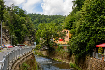 Fototapeta na wymiar City Hrensko on Kaminitska river in Bohemian Switzerland national park, Czech Republic