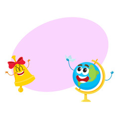 Cute and funny smiling globe and golden bell characters, back to school concept, cartoon vector illustration with space for text. Happy school bell and globe characters, mascots