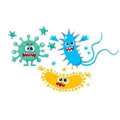 Set of ugly virus, germ and bacteria characters, cartoon vector illustration on white background. Collection of ugly, scary bacteria, virus, germ monsters with human faces and sharp teeth