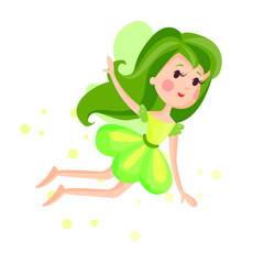 Obraz na płótnie Canvas Beautiful fairy with wings, long hair and dress in bright green colors flying surrounded by sparks vector Illustration