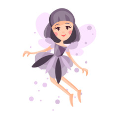 Beautiful fairy with wings, long hair and dress in lavender colors flying surrounded by sparks vector Illustration