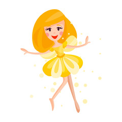 Beautiful fairy with wings, long hair and dress in amber colors flying surrounded by sparks vector Illustration