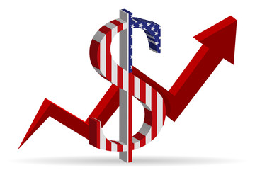 Объемный знак Американского доллара с растущей диаграммой. Векторная иллюстрация.
