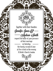 Elegant floral swirls, lacy pattern ornate frame, monogram and place for text. Wedding invitation in classical formal style in black and white with flowers and intricate tracery decoration