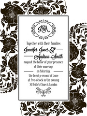 Elegant floral swirls, lacy pattern ornate frame, monogram and place for text. Wedding invitation in classical formal style in black and white with flowers and intricate tracery decoration