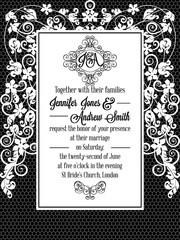 Elegant floral swirls, lacy pattern ornate frame, monogram and place for text. Wedding invitation in classical formal style in black and white.