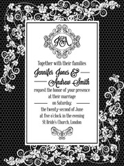 Elegant floral swirls, lacy pattern ornate frame, monogram and place for text. Wedding invitation in classical formal style in black and white.