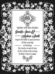 Elegant floral swirls, lacy pattern ornate frame, monogram and place for text. Wedding invitation in classical formal style in black and white.