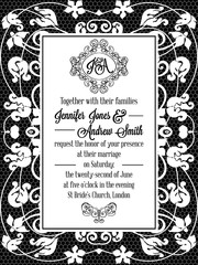 Elegant floral swirls, lacy pattern ornate frame, monogram and place for text. Wedding invitation in classical formal style in black and white.