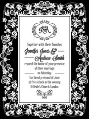 Elegant floral swirls, lacy pattern ornate frame, monogram and place for text. Wedding invitation in classical formal style in black and white.