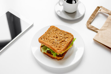 concept of lunch in officeat work top view