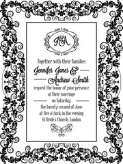 Elegant floral swirls, lacy pattern ornate frame, monogram and place for text. Wedding invitation in classical formal style in black and white.