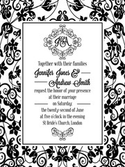 Elegant floral swirls, lacy pattern ornate frame, monogram and place for text. Wedding invitation in classical formal style in black and white.