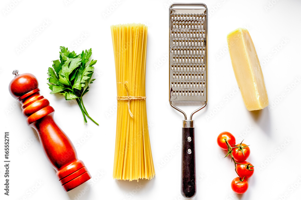 Wall mural ingredients for cooking paste on white background top view