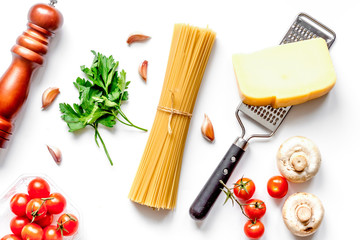 ingredients for cooking paste on white background top view