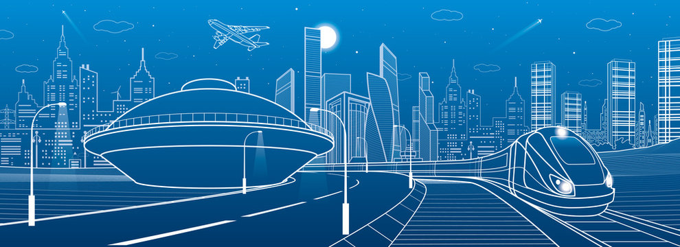 Infrastructure and transportation panoramic. Train rides. Empty highway. House in the form of a UFO. Towers and skyscrapers. Urban scene, modern city on background. White lines, vector design art 