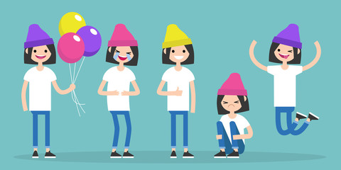 Young female character. Set of different poses and emotions / flat editable vector illustration, clip art