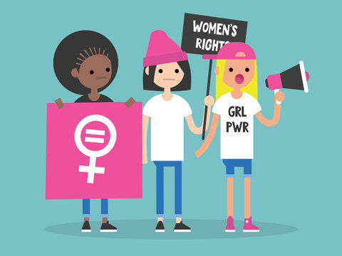 Women's right. Conceptual illustration. Feminist demonstration. A group of young women fighting for their rights / flat editable vector illustration, clip art