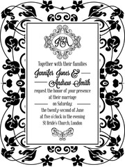 Elegant floral swirls, lacy pattern ornate frame, monogram and place for text. Wedding invitation in classical formal style in black and white.
