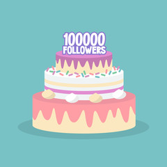 100K followers celebration. Cute layered cake covered with icing / flat editable vector illustration, clip art