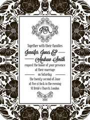 Elegant floral swirls, lacy pattern ornate frame, monogram and place for text. Wedding invitation in classical formal style in black and white with flowers and intricate tracery decoration
