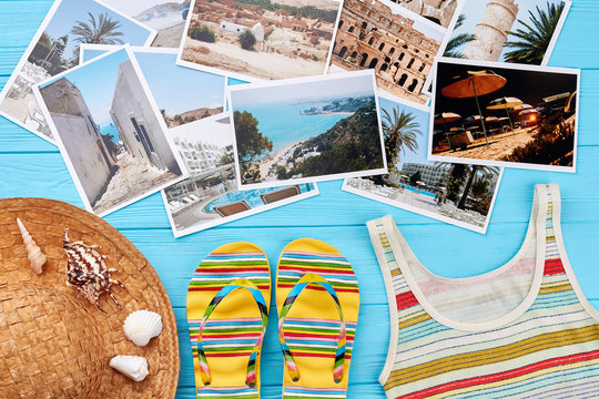 Background of summer vacation. Hat, slippers, shirt, sea shells, different photos of resorts.
