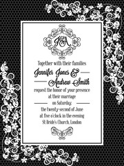 Elegant floral swirls, lacy pattern ornate frame, monogram and place for text. Wedding invitation in classical formal style in black and white.