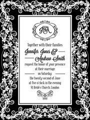 Elegant floral swirls, lacy pattern ornate frame, monogram and place for text. Wedding invitation in classical formal style in black and white.