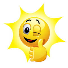 Winking smiley showing thumb up. Emoticon thumbs up showing positive mood.