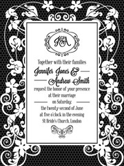 Elegant floral swirls, lacy pattern ornate frame, monogram and place for text. Wedding invitation in classical formal style in black and white.