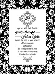 Elegant floral swirls, lacy pattern ornate frame, monogram and place for text. Wedding invitation in classical formal style in black and white.