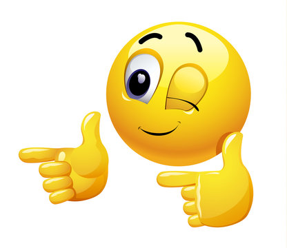 Winking smiley gesturing with his hand. Emoticon thumbs up showing positive mood.