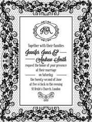 Elegant floral swirls, lacy pattern ornate frame, monogram and place for text. Wedding invitation in classical formal style in black and white.