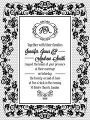 Elegant floral swirls, lacy pattern ornate frame, monogram and place for text. Wedding invitation in classical formal style in black and white.