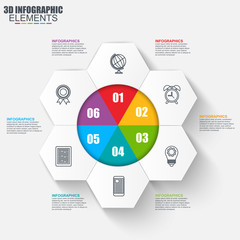 Business 3d infographics vector design template. Can be used for steps, concept with 6 options, parts or processes, workflow, graph, diagram, chart, annual report, marketing icons, info graphics.
