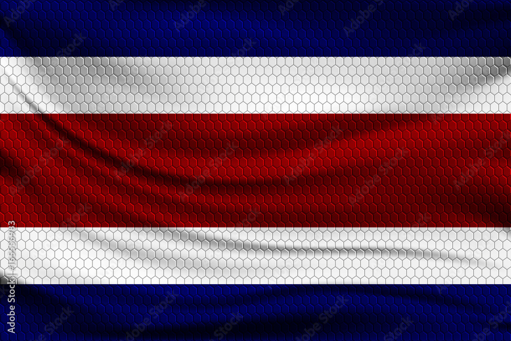 Sticker national flag of costa rica on wavy fabric with a volumetric pattern of hexagons. vector illustratio