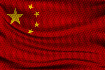 National flag of China on wavy fabric with a volumetric pattern of hexagons. Vector illustration.