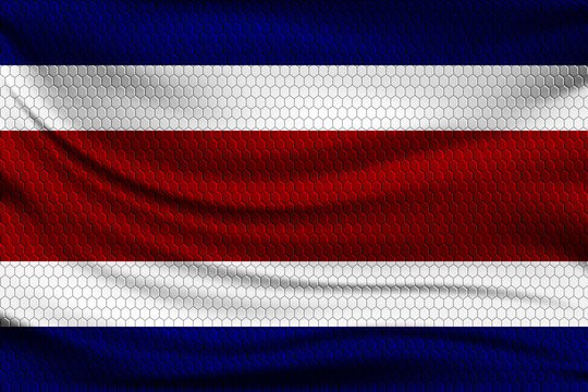 National flag of Costa Rica on wavy fabric with a volumetric pattern of hexagons. Vector illustration.