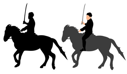 Vector, isolated silhouette of a man riding a horse with a sword