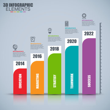 Business 3d infographics vector design template. Can be used for steps, concept with 5 options, parts or processes, workflow, graph, histogram, diagram, annual report, marketing icons, info graphics.