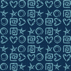 Dark blue jeans seamless texture. Denim background with stars, hearts, spirals. Can be used for wallpaper, pattern fills, web page background, surface textures. Denim texture