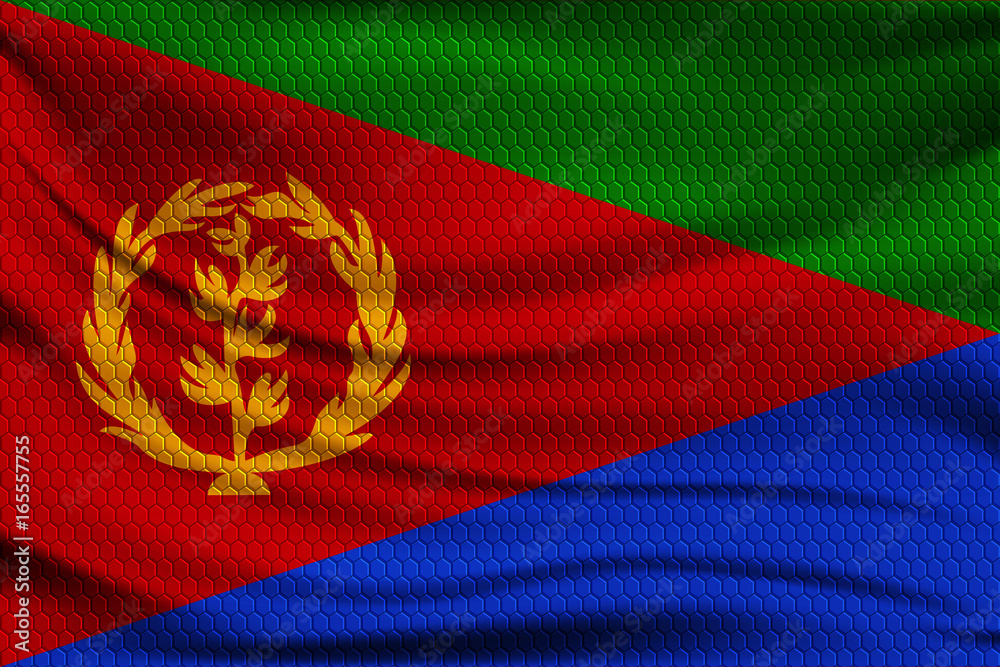 Poster national flag of eritrea on wavy fabric with a volumetric pattern of hexagons. vector illustration.