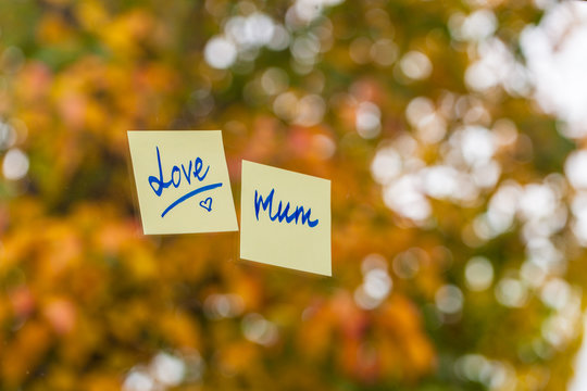 Love mum written in post it note in front of autumn leaves