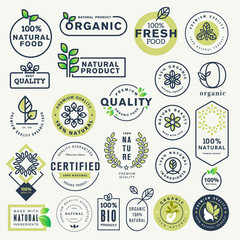 Set of labels and stickers for organic food and drink, and natural products. Vector illustration concepts for web design, packaging design, promotional material. - obrazy, fototapety, plakaty