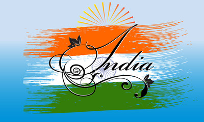 Fototapeta na wymiar India. Calligraphic cursive vintage India lettering inscription with floral ornament on the brush stroke India flag. Vector background for design, prints,emblem, cloth, souvenirs, brochure, cards