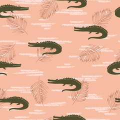 Seamless crocodiles pattern. Vector pink tropical background with palm leaves and alligators.